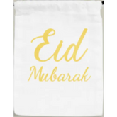 Elegante gouden Eid Mubarak kalligrafie op een cadeautasje in zwart of wit